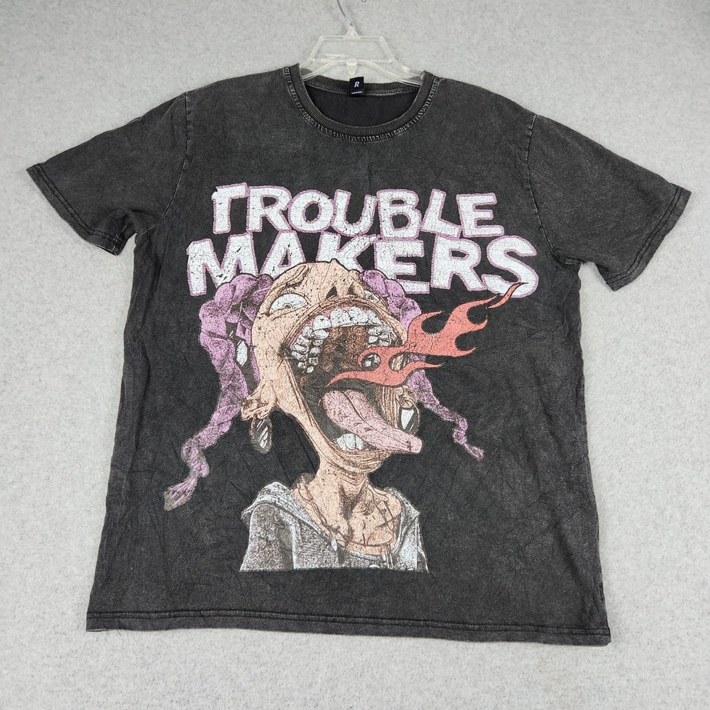 Romwe Trouble Makers T-Shirt Mens L Black Graphic Mineral Wash Streetwear Tee